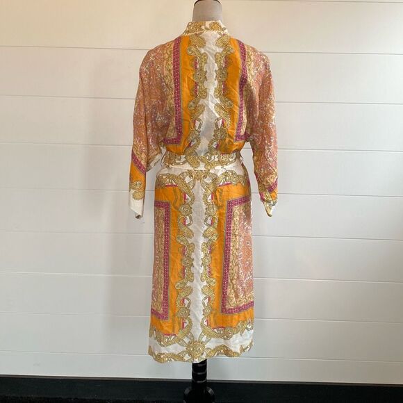 Magaschoni 100% Linen Orange Yellow Wrap Midi Dress, Size Small - Picture 7 of 12